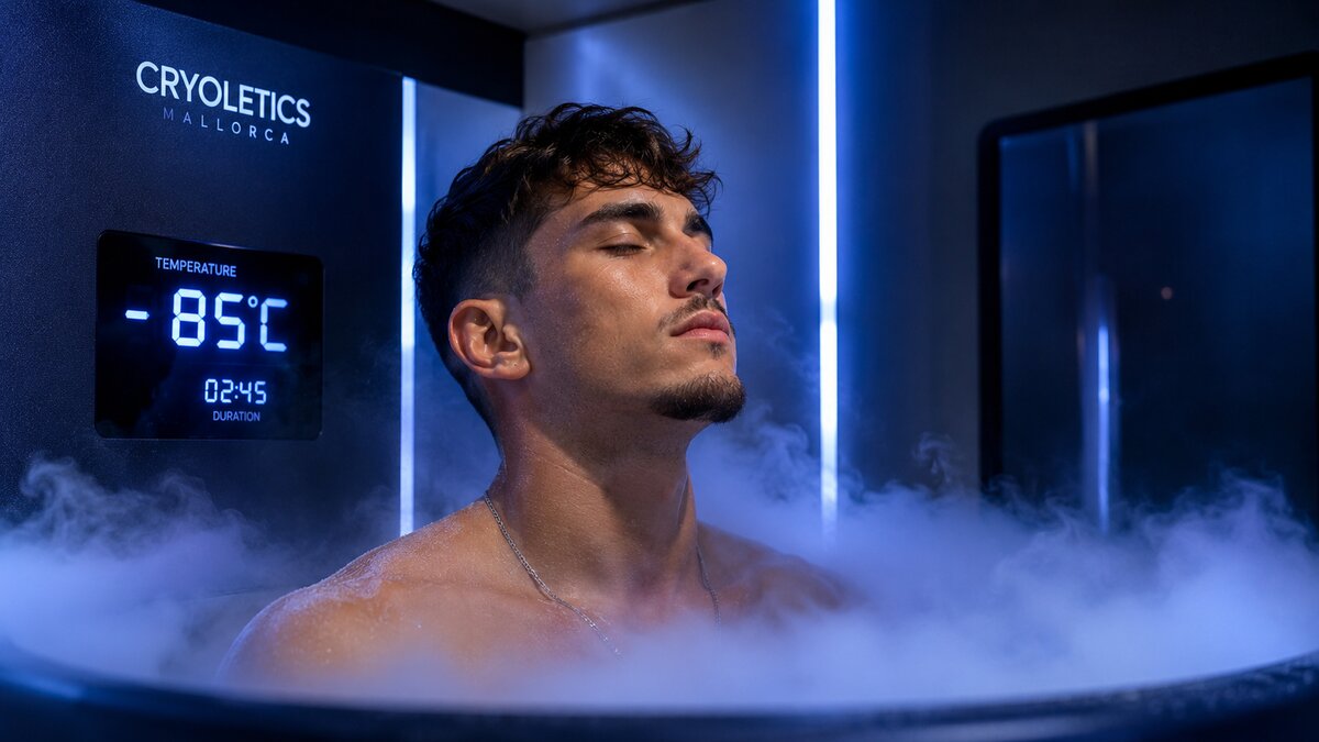 Junger Athlet in Kryosauna der Cryoletics Mallorca — 3-Minuten Recovery-Session bei -85°C, Timer aktiv